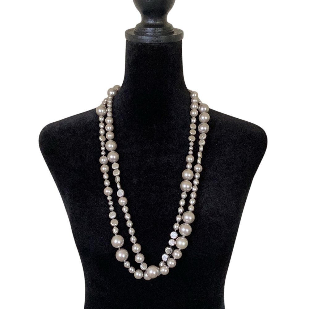 Chico's Womens Necklace Silver Simulated Pearls Beads 33" Classic Elegant